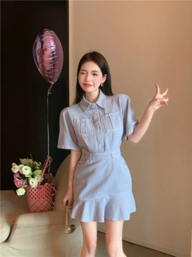 Real shot!  Denim Dress Women's Gentle Waist POLO Collar Temperament First Love Fishtail Skirt