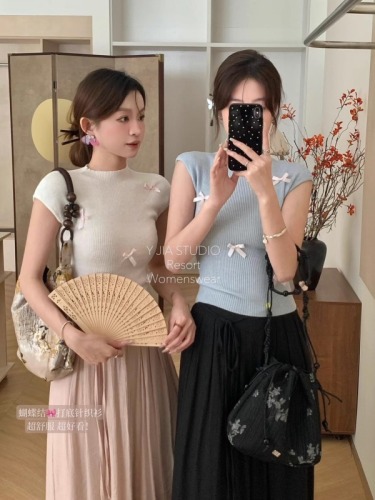 Women's fitted bow knitted short-sleeved baby light milk blue T-shirt top