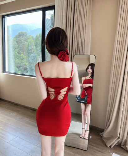 Butterfly backless suspender dress red white waist-hugging hip short skirt for women