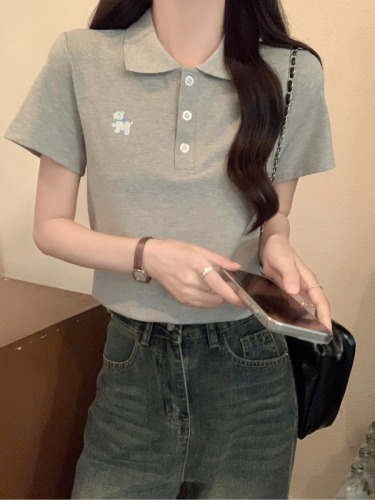 Actual shot of 220g water-soft double-sided short-sleeved T-shirt summer trend lapel embroidered right shoulder slim short top for women