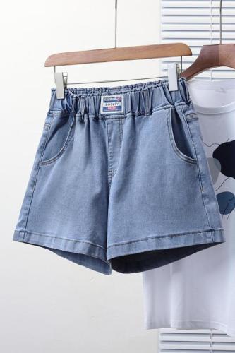 Actual shot of new summer European version loose large size elastic elastic waist denim shorts fat MM enlarged and fattened quarter pants