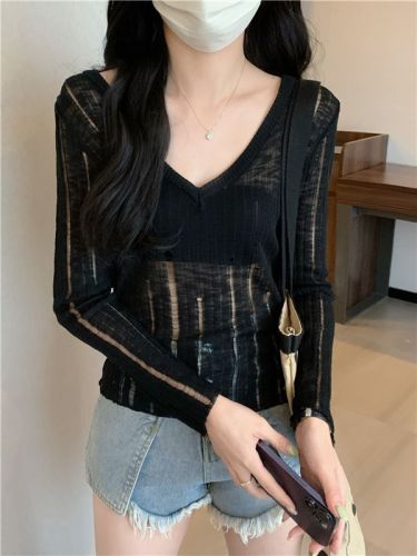 Actual shot of Pure Desire v-neck long-sleeved knitted blouse for women, lake blue hollow hole layered thin sun protection top