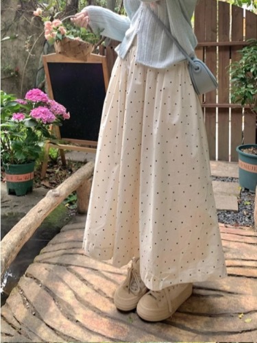 Gentle style white polka dot half-length skirt for women 2024 simple elastic waist covering the hips and slimming a-line super fairy skirt