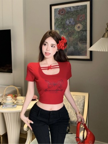 Short short sleeve t-shirt for women trendy printed butterfly tight sexy hollow top