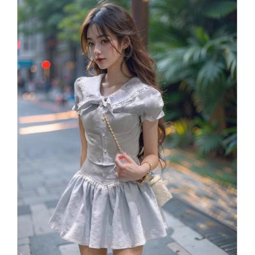 Summer new style French tea break lace double-collar short shirt + ruffled A-line skirt two-piece suit for women