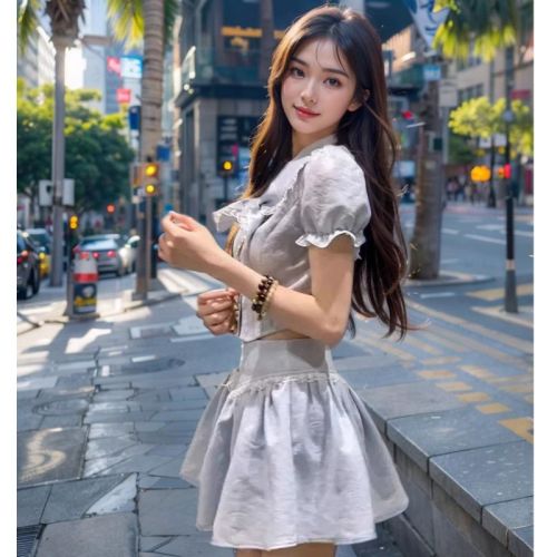 Summer new style French tea break lace double-collar short shirt + ruffled A-line skirt two-piece suit for women