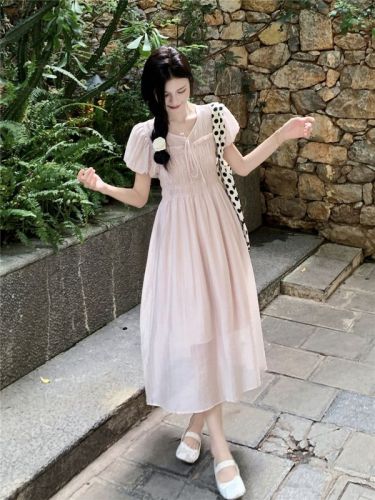 Actual shot of fresh and gentle style lace-up puff sleeve dress for women summer apricot temperament mid-length skirt