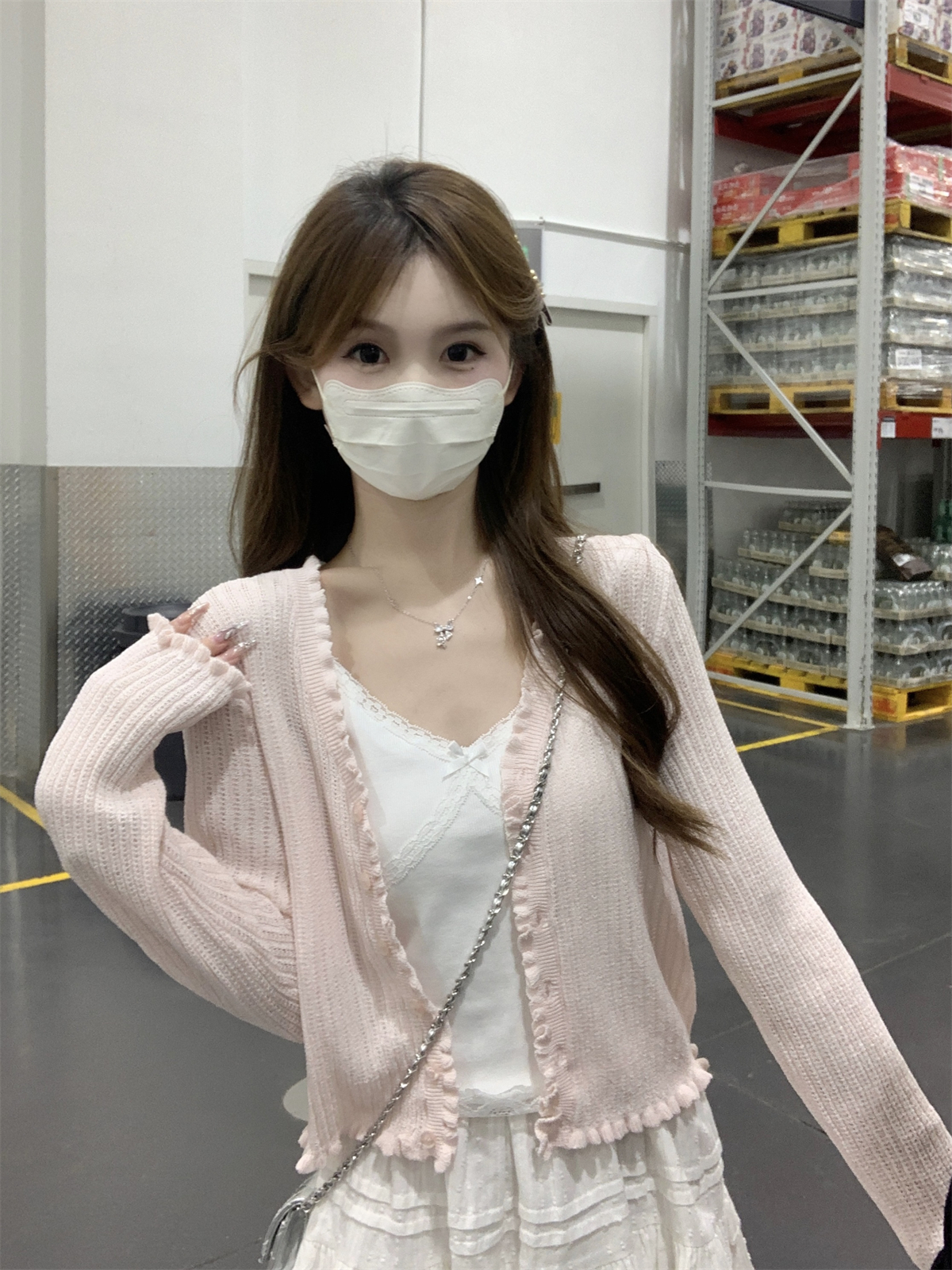 Actual shot of summer Korean style fungus-edged single-breasted hollow sunscreen knitted cardigan top for outer wear