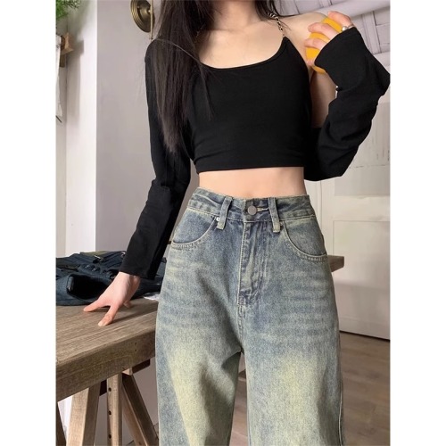 American distressed high-waisted jeans for women in autumn, washed large-size flesh-covering high-waisted wide-leg pants, slimming, loose straight-leg pants