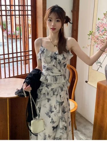 Floral Matsumoto Dress Butterfly 2024 Slim Suspender Skirt New Irregular Lotus Leaf Mint Mambo Butterfly Skirt