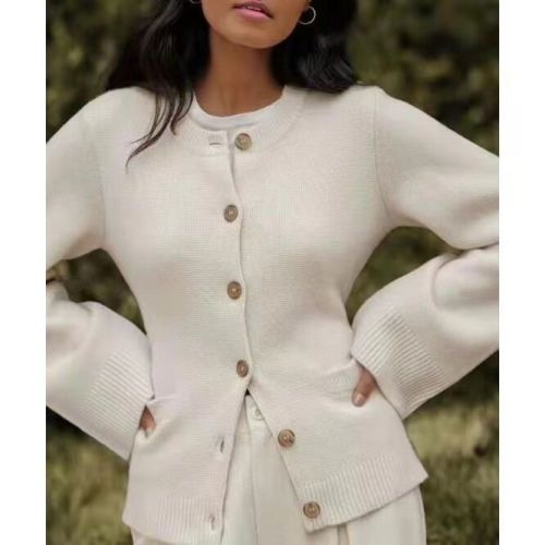 European and American foreign trade cross-border independent station knitted cardigan jacket women's lazy style waist round neck sweater autumn and winter top