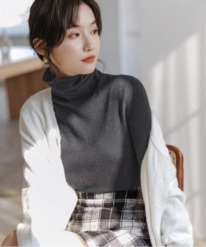 Pile collar sweater for women, autumn and winter slim long-sleeved white all-match bottoming shirt with turtleneck sweater inside