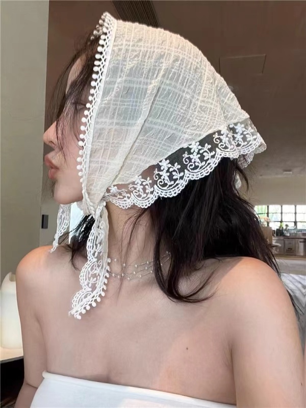 alice girl French lace triangle scarf flower beige retro decorative headscarf pastoral retro silk scarf ribbon