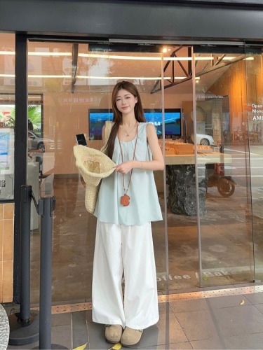 Actual shot ~ Korean style simple and fresh blue Tencel vest top for women + cotton high waist wide leg trousers suit