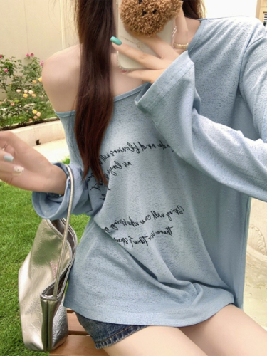 Fashionable and super popular Korean style slightly see-through thin loose long-sleeved T-shirt for women summer letter printed lazy style casual top