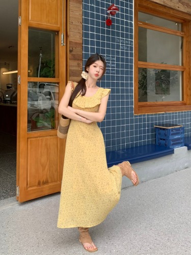 Actual shot 2024~The Past in Southern France Yellow Floral Strap Dress Women's Summer A-Line Waist Slimming Long Dress