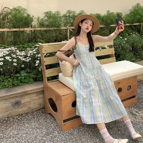 Vacation beach photo long skirt Japanese sweet and fresh slim plaid vest suspender dress for children summer