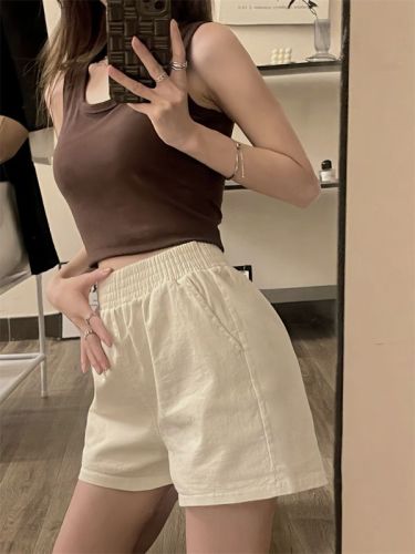 Actual price and real shot 2024 new summer style loose wide-leg washed cotton high-waisted slim versatile casual shorts