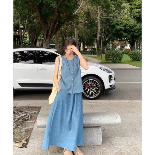 Foreign trade summer new high-waisted skirt fashionable two-piece set women's large size sleeveless ice silk denim blue vest top