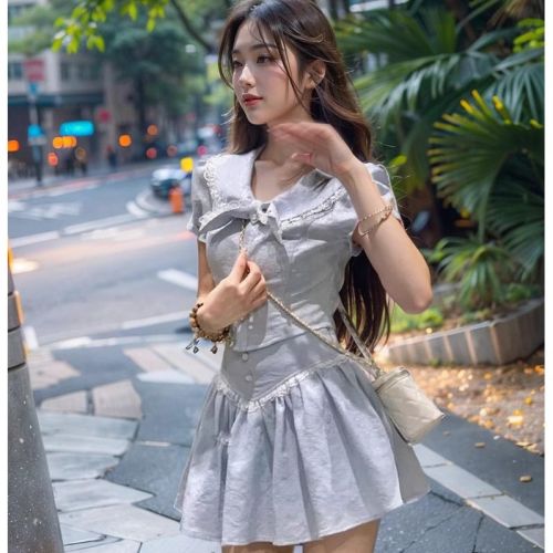 Summer new style French tea break lace double-collar short shirt + ruffled A-line skirt two-piece suit for women