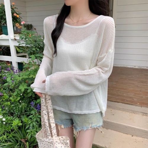 kumikumi solid color loose long-sleeved sweater women's summer new thin sun protection cover-up simple casual top