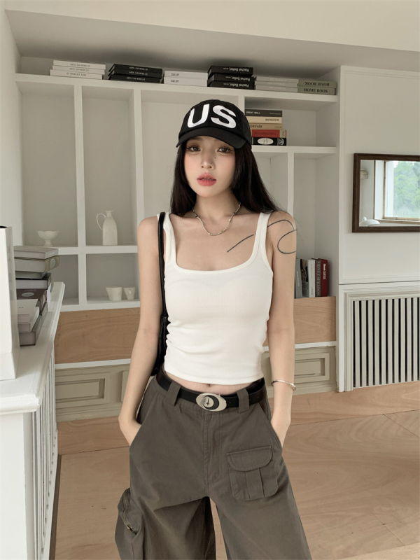 Real shot and real price square collar slim elastic threaded slim sling for women solid color simple retro Korean style small sling