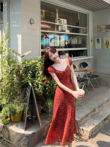 Actual shot and real price~Pure Desire Sweet and Spicy Xiao Feifei Sleeve Floral High Waist Dress