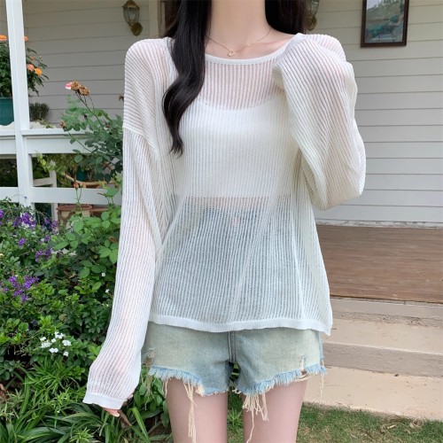 kumikumi solid color loose long-sleeved sweater women's summer new thin sun protection cover-up simple casual top