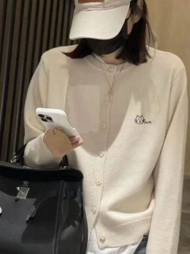 Kitten embroidered knitted cardigan jacket for women 2024 spring and autumn casual loose round neck sweater simple top 9986