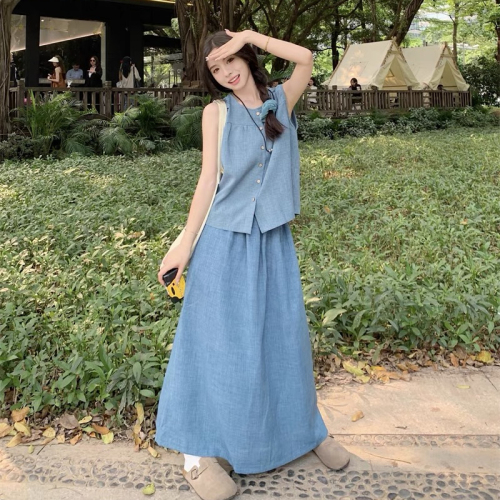 Foreign trade summer new high-waisted skirt fashionable two-piece set women's large size sleeveless ice silk denim blue vest top