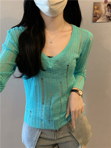 Actual shot of Pure Desire v-neck long-sleeved knitted blouse for women, lake blue hollow hole layered thin sun protection top