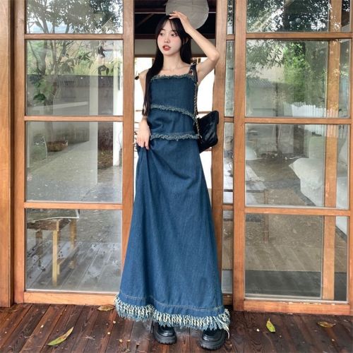 Tassel Beaded Denim Suspender Skirt Women's 2024 Autumn New Personalized Dress Long Skirt