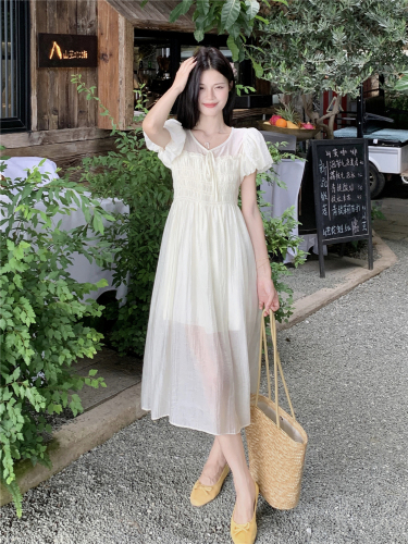 Actual shot of fresh and gentle style lace-up puff sleeve dress for women summer apricot temperament mid-length skirt