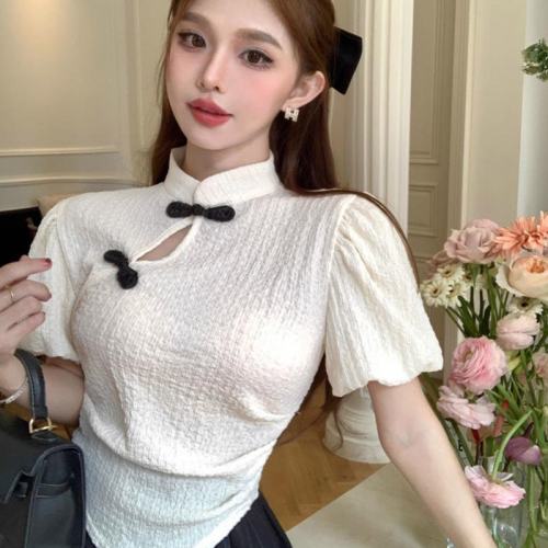 Fashionable and super hot new Chinese style improved buckle cheongsam short sleeve pure lust style puff sleeve thin shirt top