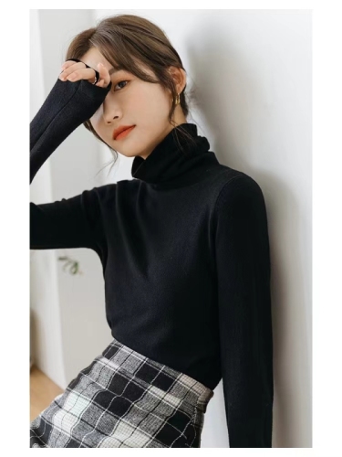 Pile collar sweater for women, autumn and winter slim long-sleeved white all-match bottoming shirt with turtleneck sweater inside