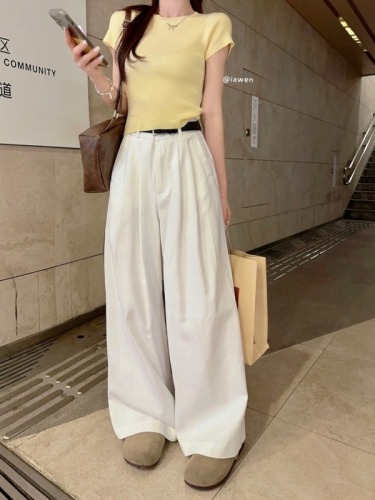 Real price yellow knitted right shoulder short sleeve t-shirt for women summer ice silk thin slim fit short top + wide leg pants