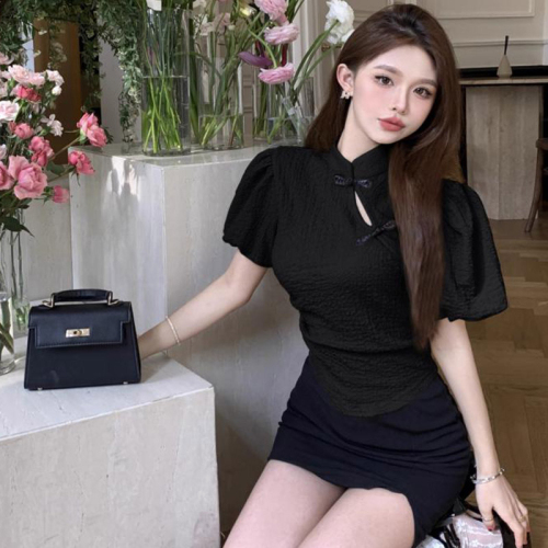 Fashionable and super hot new Chinese style improved buckle cheongsam short sleeve pure lust style puff sleeve thin shirt top