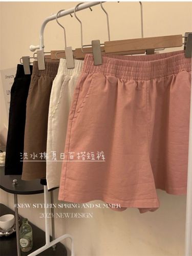 Actual price and real shot 2024 new summer style loose wide-leg washed cotton high-waisted slim versatile casual shorts