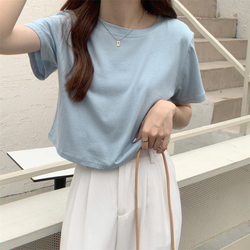 100% cotton short-sleeved loose casual basic candy solid color short top ins trend