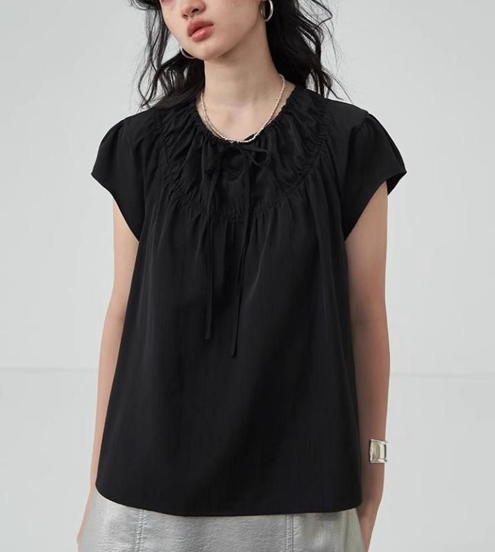 Egg Tart Home Retro Wrinkled Short Sleeve Shirt Summer New Style Chic Round Neck Loose Shirt Top
