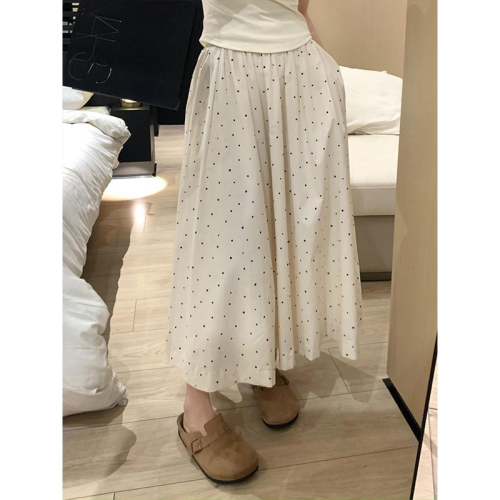 Gentle style white polka dot half-length skirt for women 2024 simple elastic waist covering the hips and slimming a-line super fairy skirt