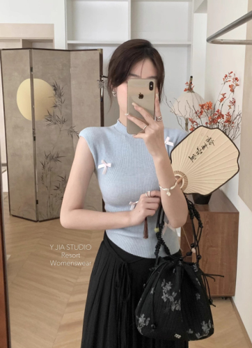 Women's fitted bow knitted short-sleeved baby light milk blue T-shirt top