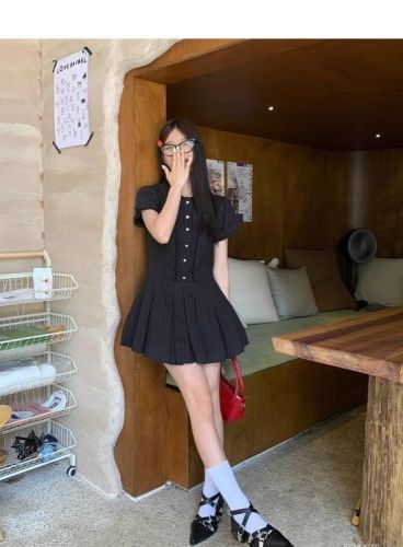 Lined college style puff sleeve shirt dress women's 2024 new summer small pleated skirt