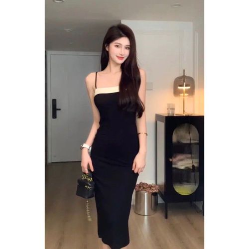 French tea break style high-end long skirt high-end elegant lady black suspender dress for women summer