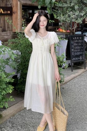 Actual shot of fresh and gentle style lace-up puff sleeve dress for women summer apricot temperament mid-length skirt