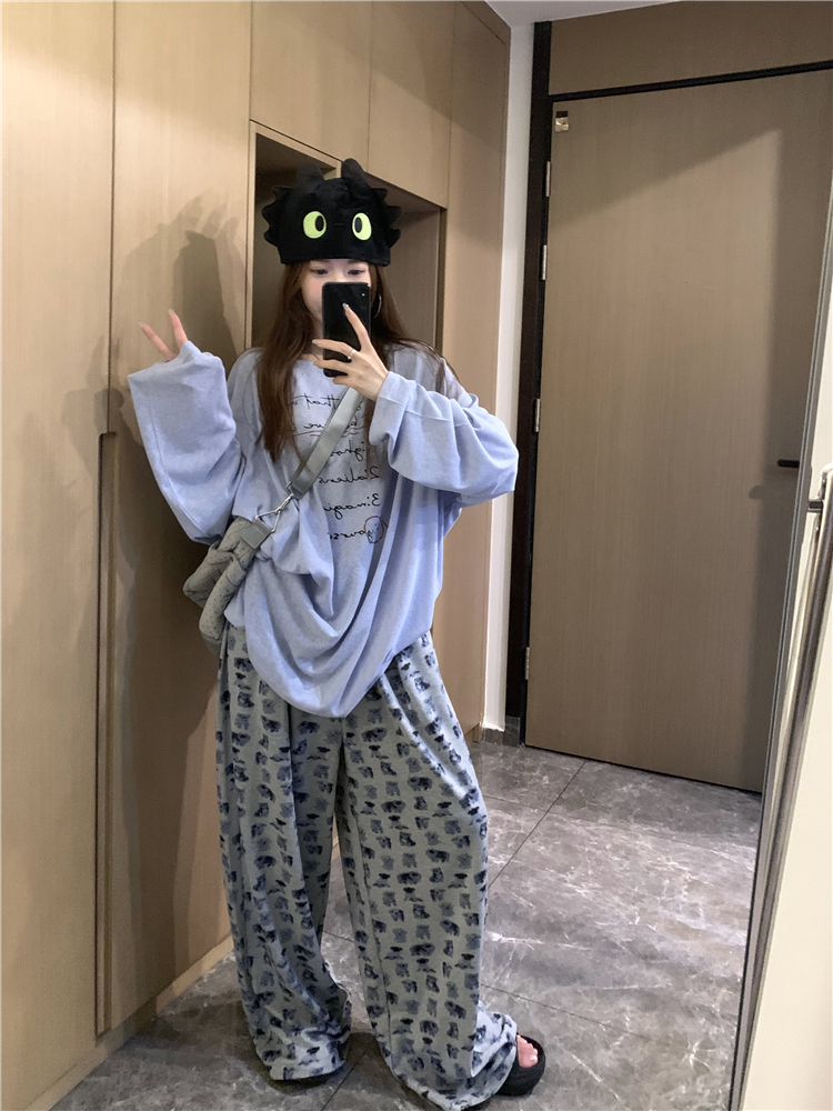 實拍~大碼女裝鬆弛感大版防曬T恤+美式趣味印花鬆弛休閒褲潮