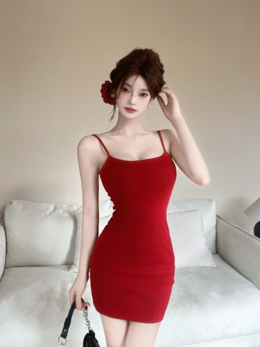 Butterfly backless suspender dress red white waist-hugging hip short skirt for women