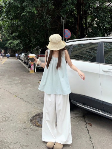 Actual shot ~ Korean style simple and fresh blue Tencel vest top for women + cotton high waist wide leg trousers suit