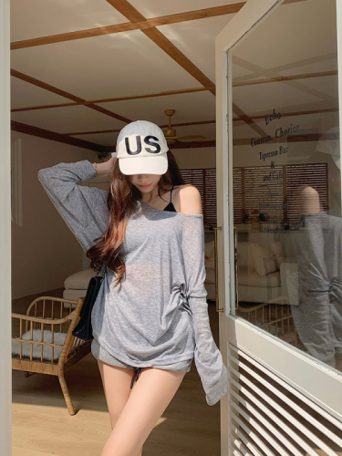 Real shot, be careful in summer~Korean chic cross-hollow sunscreen long-sleeved T-shirt top at the back