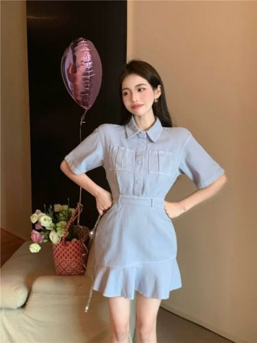 Real shot!  Denim Dress Women's Gentle Waist POLO Collar Temperament First Love Fishtail Skirt